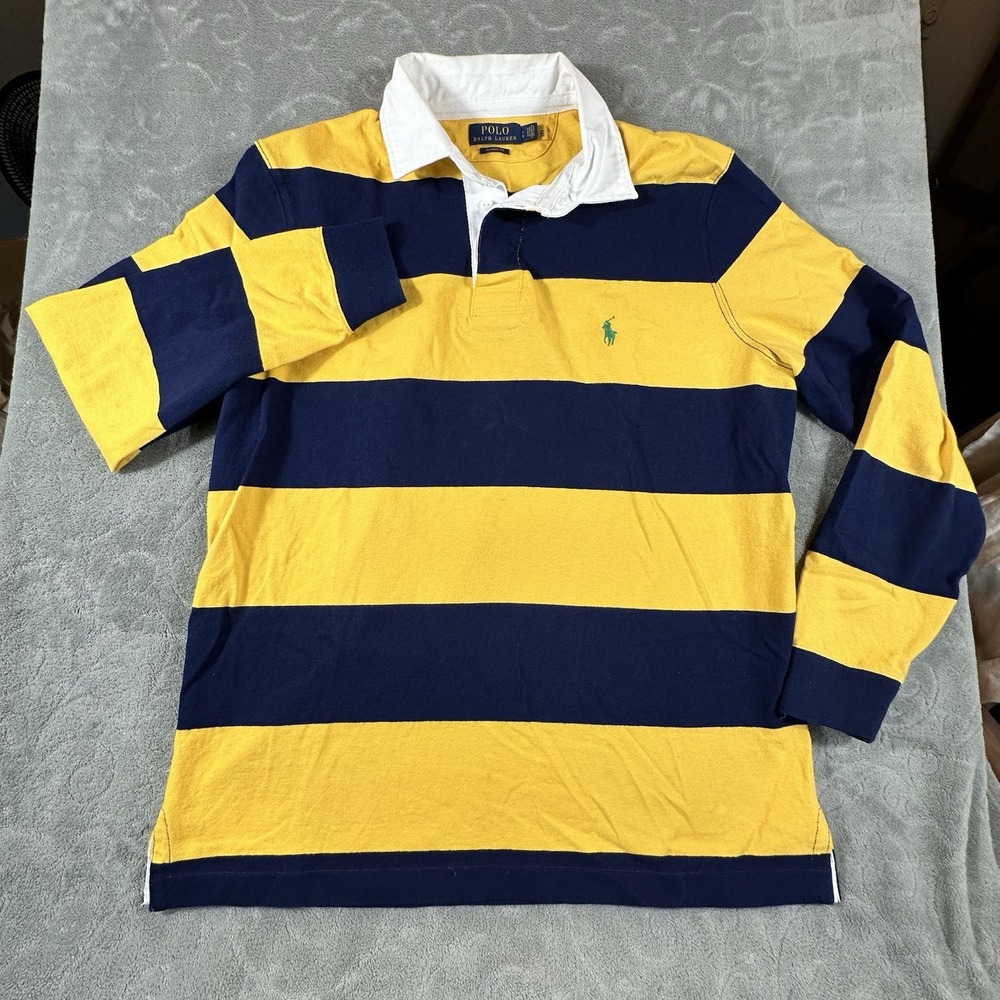 VTG 90's Polo Ralph Lauren Striped Rugby Shirt Mens L Blue Yellow Collar Y2K